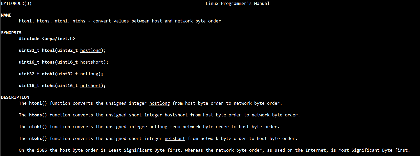 本地字节序转化为网络字节序的函数，位于头文件<arpa/inet.h>中  [https://linux.die.net/man/3/htonl](https://linux.die.net/man/3/htonl)